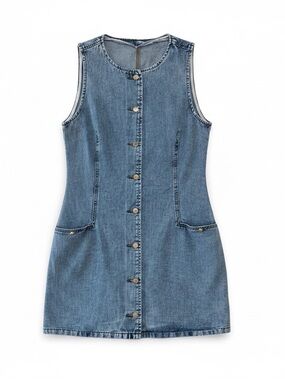 Sleeveless Denim Button-Front Dress - Blue Pockets One of a Kind Mid weight